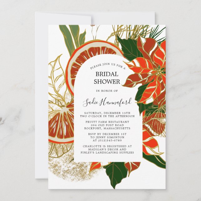 Poinsettia Citrus Gold Winter Bridal Shower Invitation (Front)
