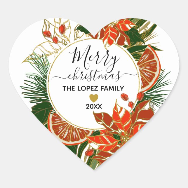 Poinsettia Citrus Gold Winter Merry Christmas Heart Sticker (Front)