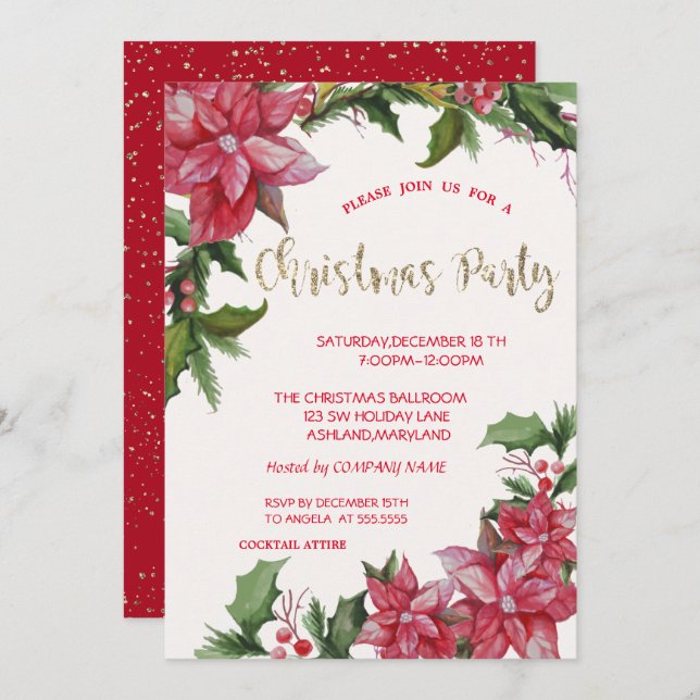 Poinsettia,Confetti,Red Company Christmas Party Invitation (Front/Back)