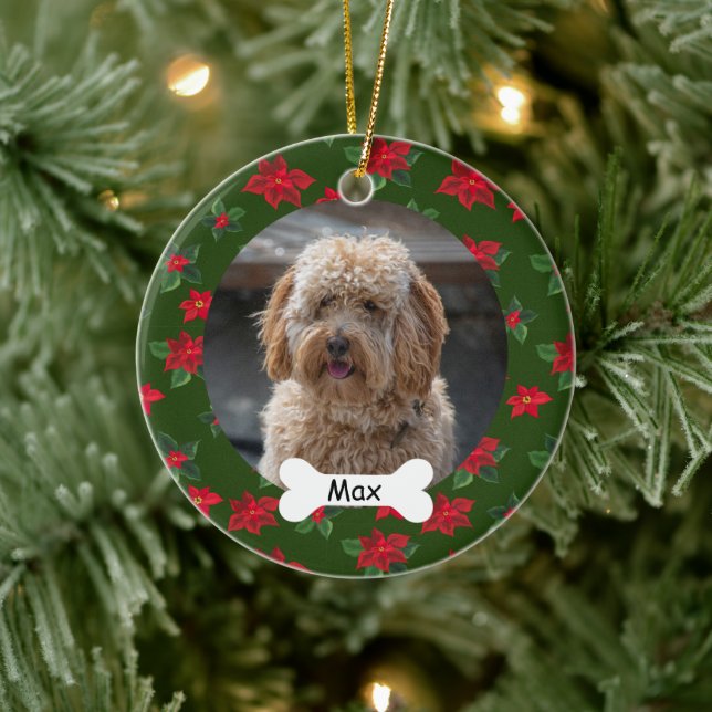 Poinsettia Custom Pet Puppy Dog Photo Ceramic Ornament (Tree)