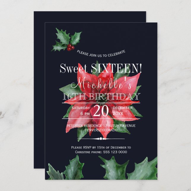 Poinsettia dark blue red green sweet sixteen invitation (Front/Back)