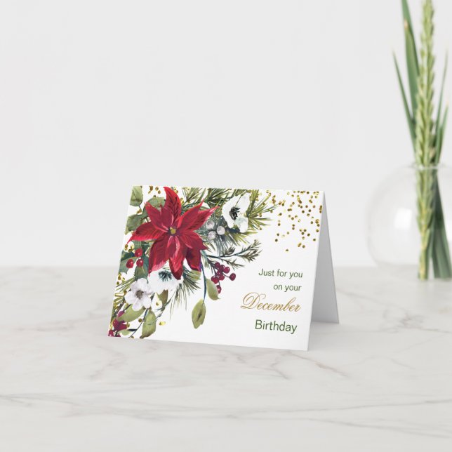 Poinsettia, December Christmas Birthday Holiday Card (Front)