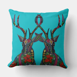 poinsettia deer blue cushion
