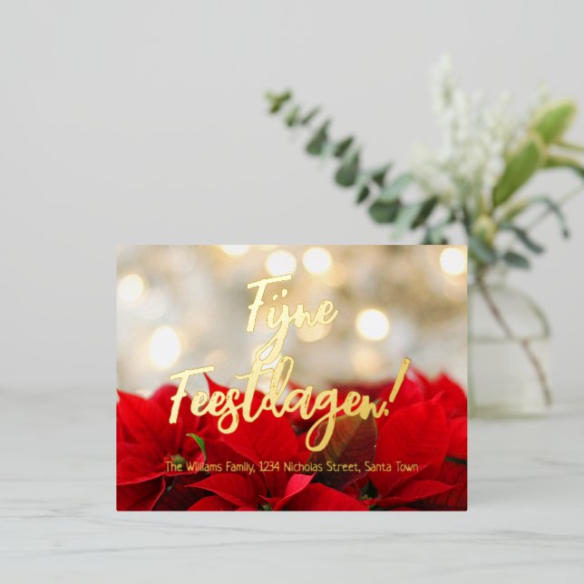 Poinsettia Dutch Happy Holidays Fijne Feestdagen Foil Holiday Postcard (Standing Front)
