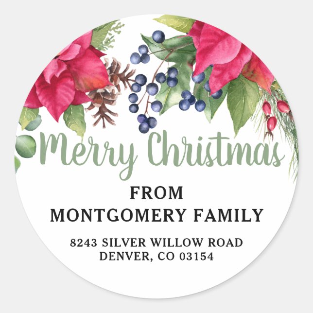 Poinsettia Elegant Merry Christmas Return Address  Classic Round Sticker (Front)