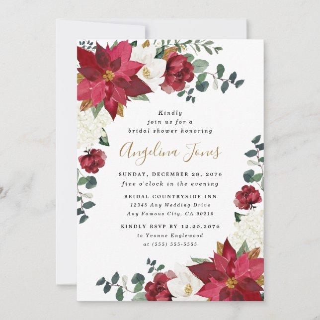 Poinsettia Elegant Winter Floral Red Bridal Shower Invitation (Front)