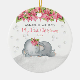Poinsettia Elephant Baby's 1st First Christmas Ceramic Ornament
