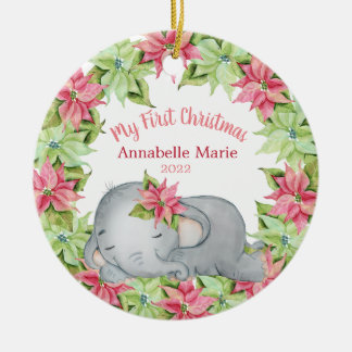 Poinsettia Elephant Baby's 1st First Christmas Ceramic Ornament