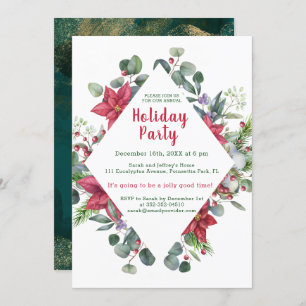 Poinsettia, eucalyptus leaves, red berry Christmas Invitation