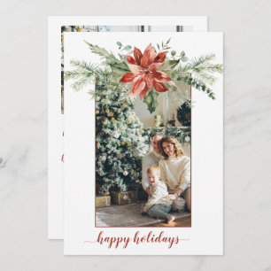 Poinsettia Evergreen Red Border Christmas 2 Photo Invitation