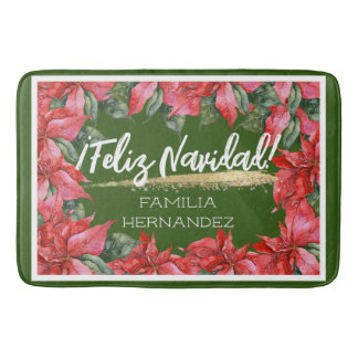 Poinsettia Feliz Navidad Holiday Family Name Bath Mat