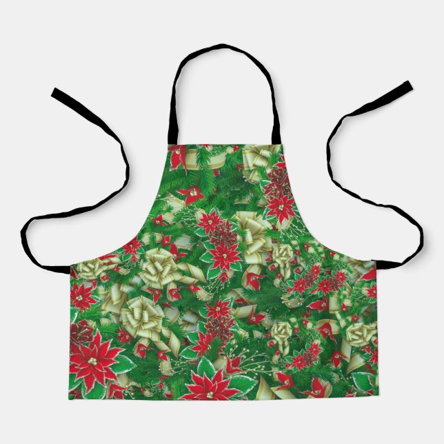 Poinsettia Fir Leaves Ribbons Floral Christmas | Apron (Front)