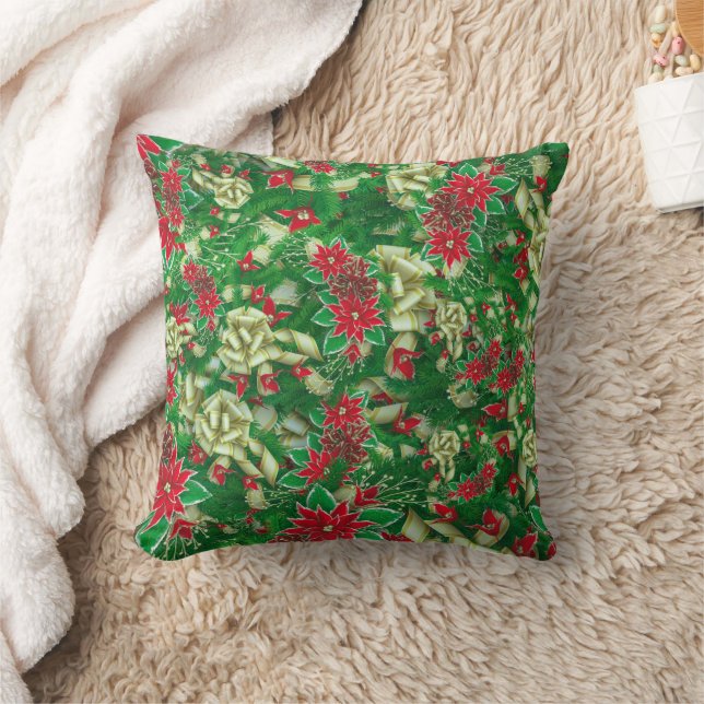 Poinsettia Fir Leaves Ribbons Floral Christmas | Cushion (Blanket)