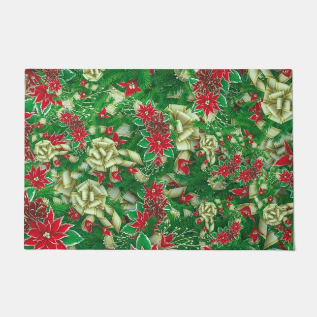 Poinsettia Fir Leaves Ribbons Floral Christmas | Doormat (Front)