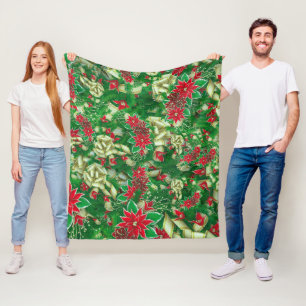 Poinsettia Fir Leaves Ribbons Floral Christmas   Fleece Blanket