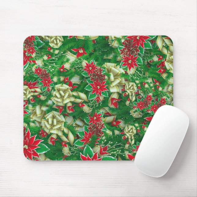 Poinsettia Fir Leaves Ribbons Floral Christmas | Mouse Pad (With Mouse)