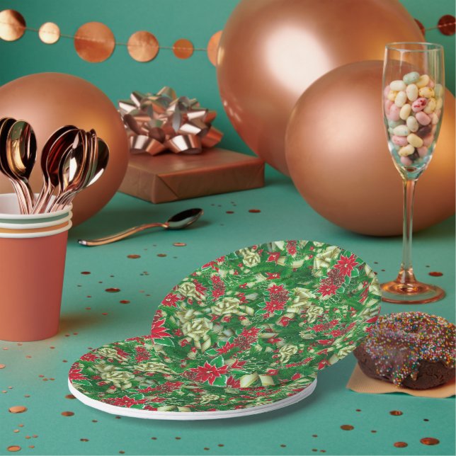 Poinsettia Fir Leaves Ribbons Floral Christmas | Paper Plate (Multi)