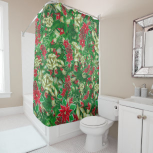 Poinsettia Fir Leaves Ribbons Floral Christmas   Shower Curtain