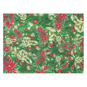 Poinsettia Fir Leaves Ribbons Floral Christmas   Tablecloth