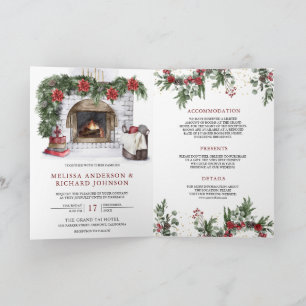 Poinsettia Fireplace Christmas QR Code Wedding Invitation