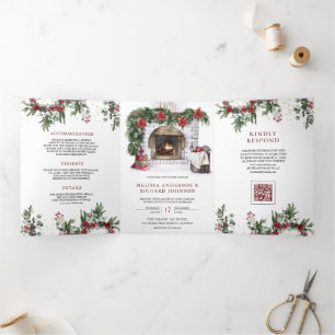 Poinsettia Fireplace Christmas QR Code Wedding Tri-Fold Invitation