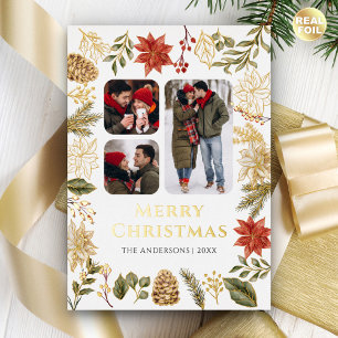 Poinsettia Floral 3 Photo Collage Christmas Gold Foil Holiday Card