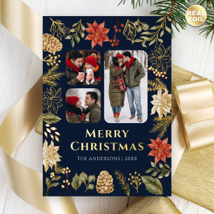 Poinsettia Floral 3 Photo Navy Blue Christmas Gold Foil Holiday Card