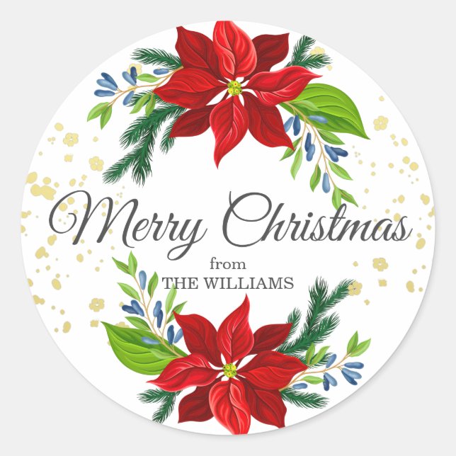 Poinsettia Floral Bouquet, Christmas Classic Round Sticker (Front)