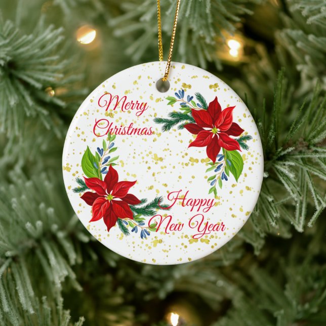 Poinsettia Floral Bouquet, Merry Christmas  Ceramic Ornament (Tree)