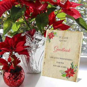 Poinsettia Floral Bouquet, Vintage Guestbook   Pedestal Sign