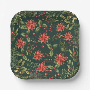 Poinsettia Floral Christmas Holiday Botanical Paper Plate