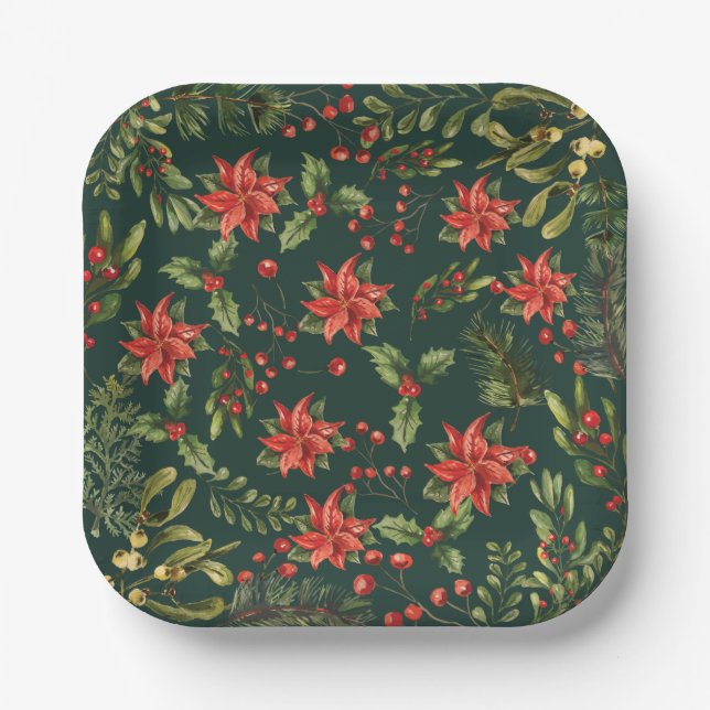 Poinsettia Floral Christmas Holiday Botanical Paper Plate (Front)