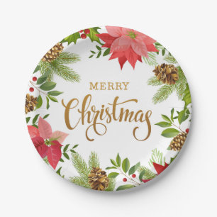 Poinsettia Floral Christmas Holidays Paper Plate