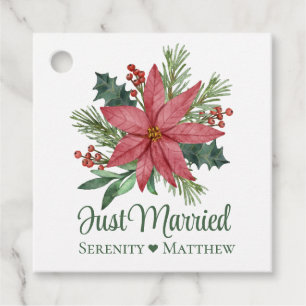Poinsettia Floral Christmas Just Married Wedding Favour Tags