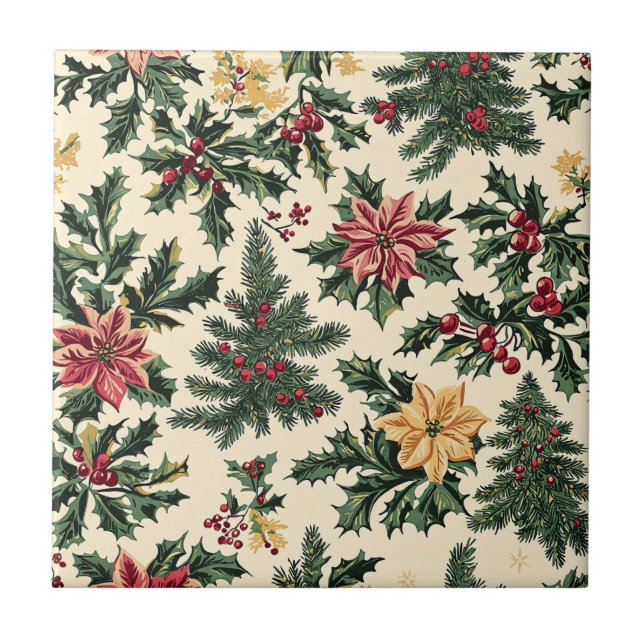 Poinsettia Floral Christmas Pattern (15) Ceramic Tile (Front)