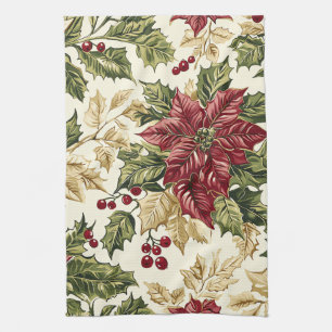 Poinsettia Floral Christmas Pattern (17) Tea Towel