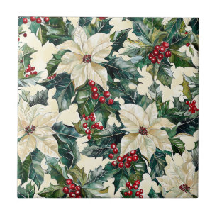 Poinsettia Floral Christmas Pattern (19) Ceramic Tile