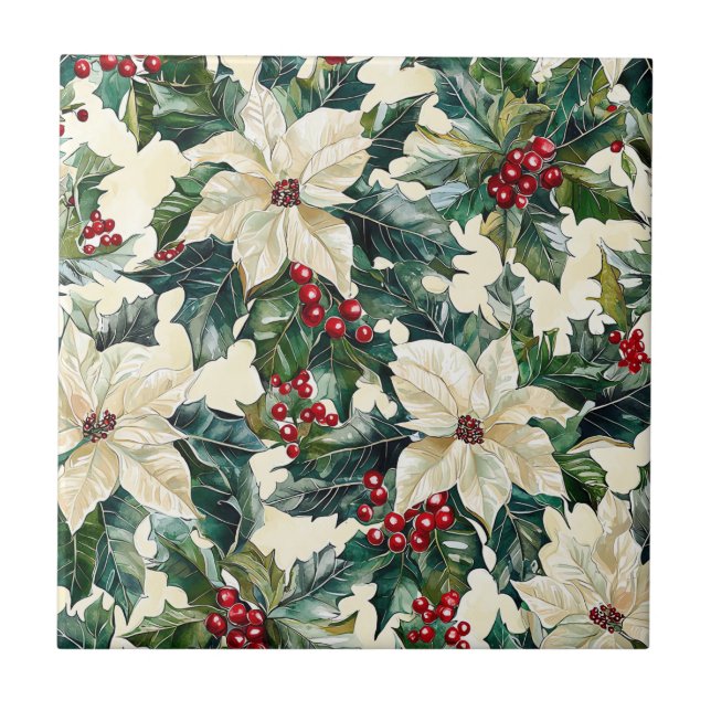 Poinsettia Floral Christmas Pattern (19) Ceramic Tile (Front)