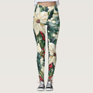 Poinsettia Floral Christmas Pattern (19) Leggings