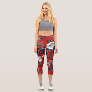 Poinsettia Floral Christmas Pattern (7) Capri Leggings
