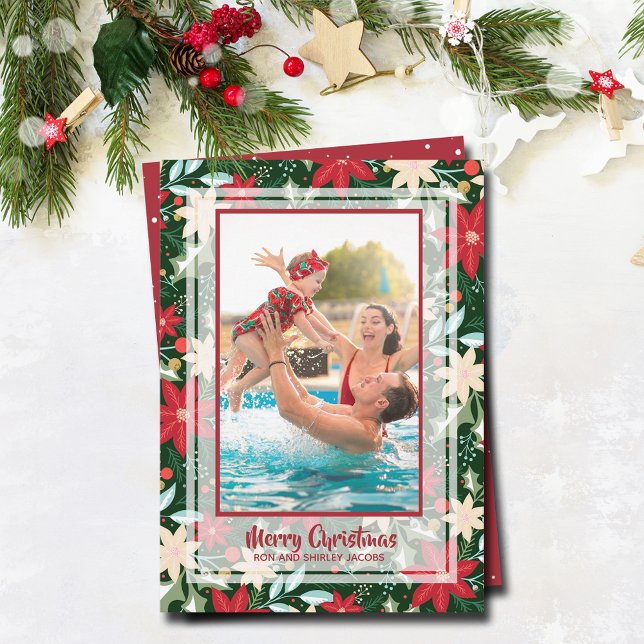 Poinsettia Floral Christmas Photo Holiday Card (Poinsettia floral Christmas  holiday photo cards)