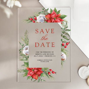 Poinsettia Floral Christmas Wedding Save the Date Acrylic Invitations
