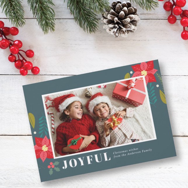 Poinsettia Floral Cluster Green Photo Christmas Holiday Card (Creator Uploaded)