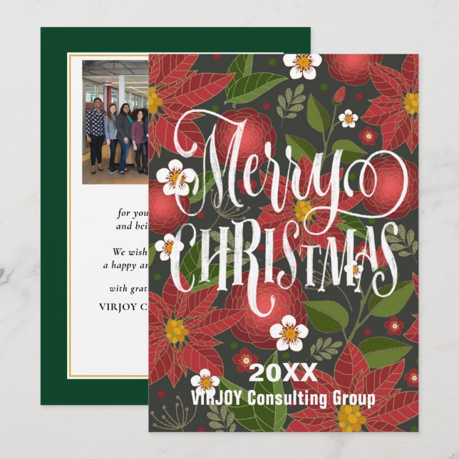 Poinsettia Floral Elegant Script Photo Business  Holiday Card (Front/Back)