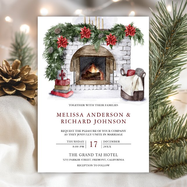 Poinsettia Floral Fireplace Christmas Wedding Invitation (Creator Uploaded)