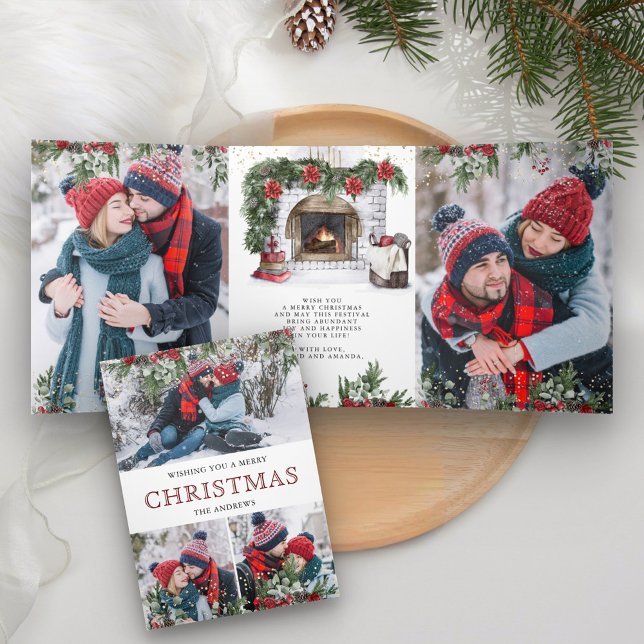 Poinsettia Floral Fireplace Photo Christmas Tri-Fold Holiday Card (Creator Uploaded)