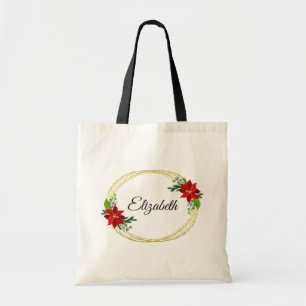 Poinsettia Floral  Geometric Gold Frame Bridesmaid Tote Bag