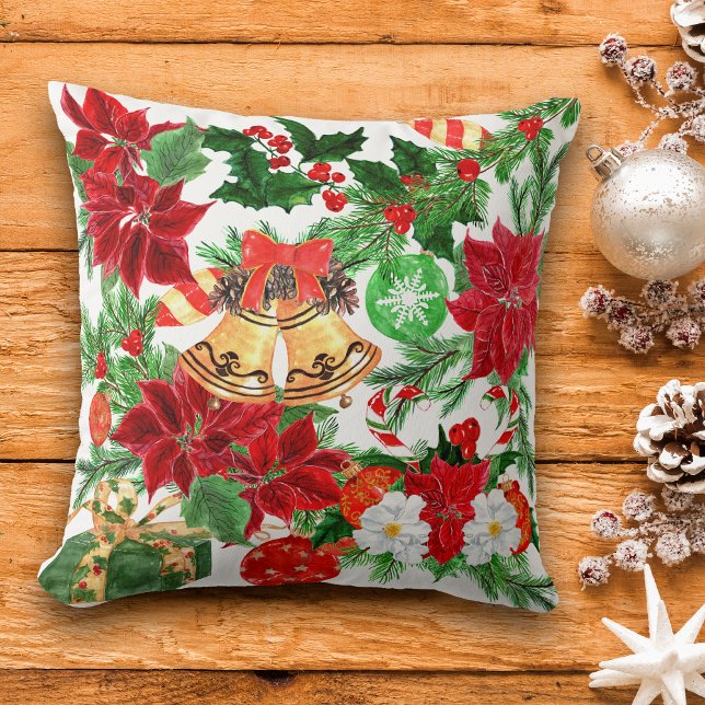 Poinsettia Floral Gold Bells Christmas Pattern Cushion (Creator Uploaded)