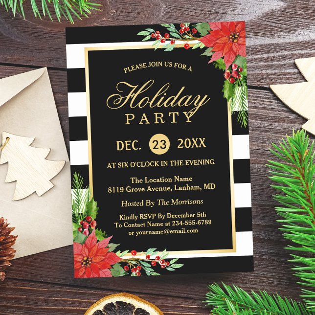 Poinsettia Floral Gold Frame Striped Holiday Party Invitation (Creator Uploaded)