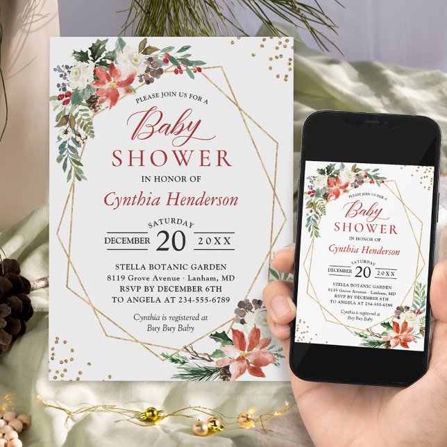 Poinsettia Floral Gold Frame Winter Baby Shower Invitation (Perfect choice for a winter-themed baby shower, allowing you to set the stage for a joyful time.)